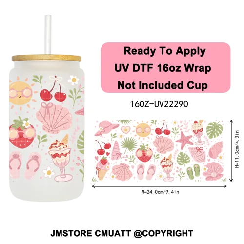 Фото Наклейки для стаканов Girly Candyland Sweet Treats Summer Fruits UV DTF, готовые к применению, прочные, для стеклянных банок Libbey объемом 16 унций. №1