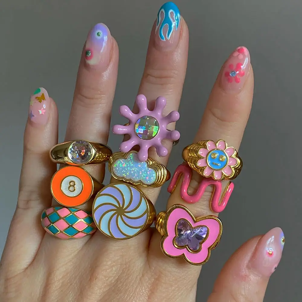 

GATTVICT Y2K Kpop Butterfly Thick Gold Color Rings For Women Girl Cute Candy Colorful Rhinestones Knuckle Rings Party Jewelry