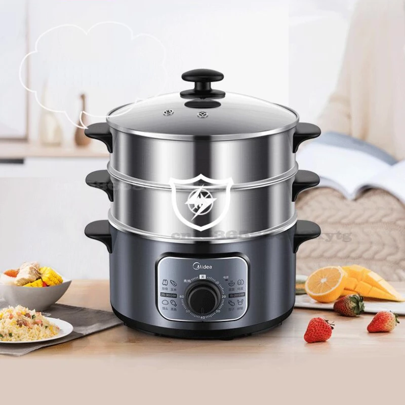 220V/1300W Stainless Steel Electric Steamer Household Large Thickened Three-layer Timing Anti Dry Burning Electric Steamer