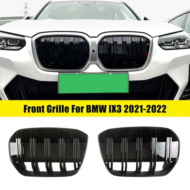 

2 PCS Car Front Kidney Grill Double Slat Double Line Grille Car Accessories Gloss Black ABS For BMW IX3 2021-2022