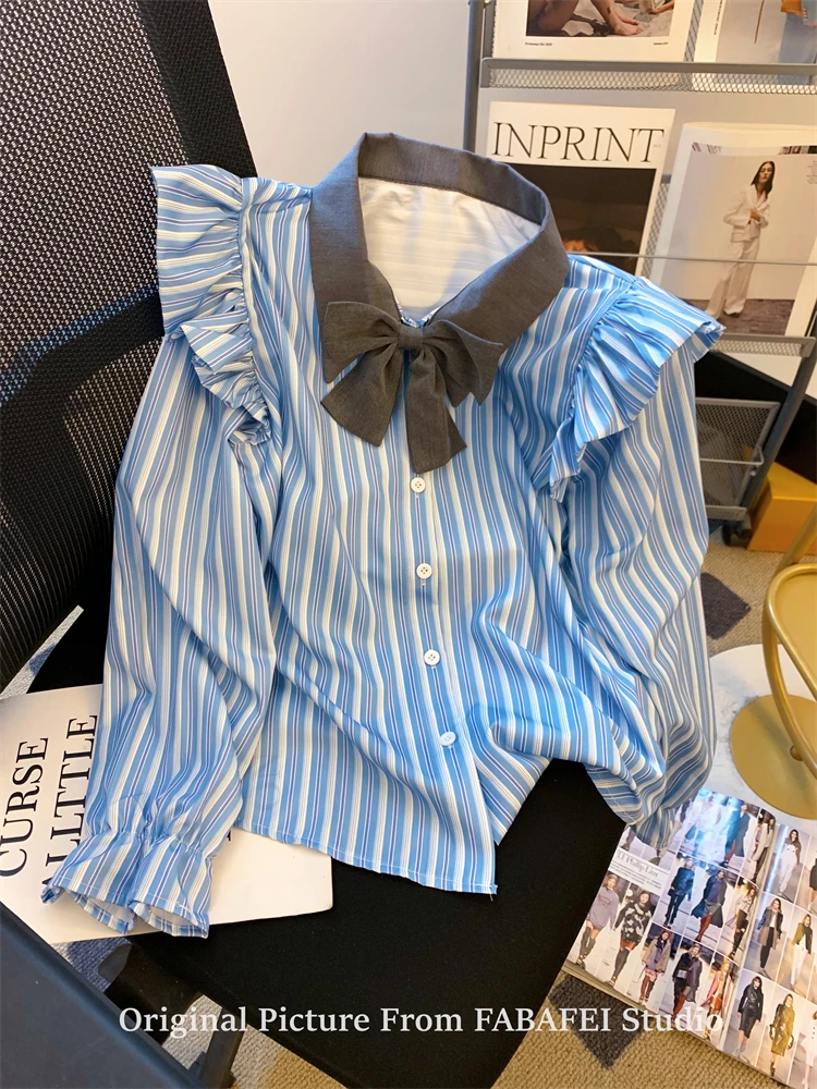 Осенние женские корейские модные милые полосатые рубашки блузки с длинными