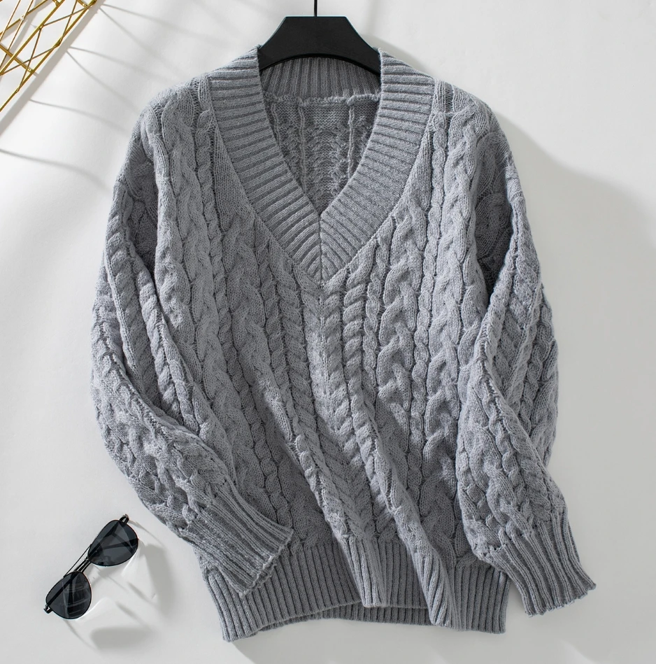 Винтажный женский вязаный свитер 2024 зимний с v-образным вырезом и жареным тестом