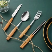 wooden handle cutlery set stainless steel knife fork spoon dinnerware set 1 set tableware set dishwasher safe