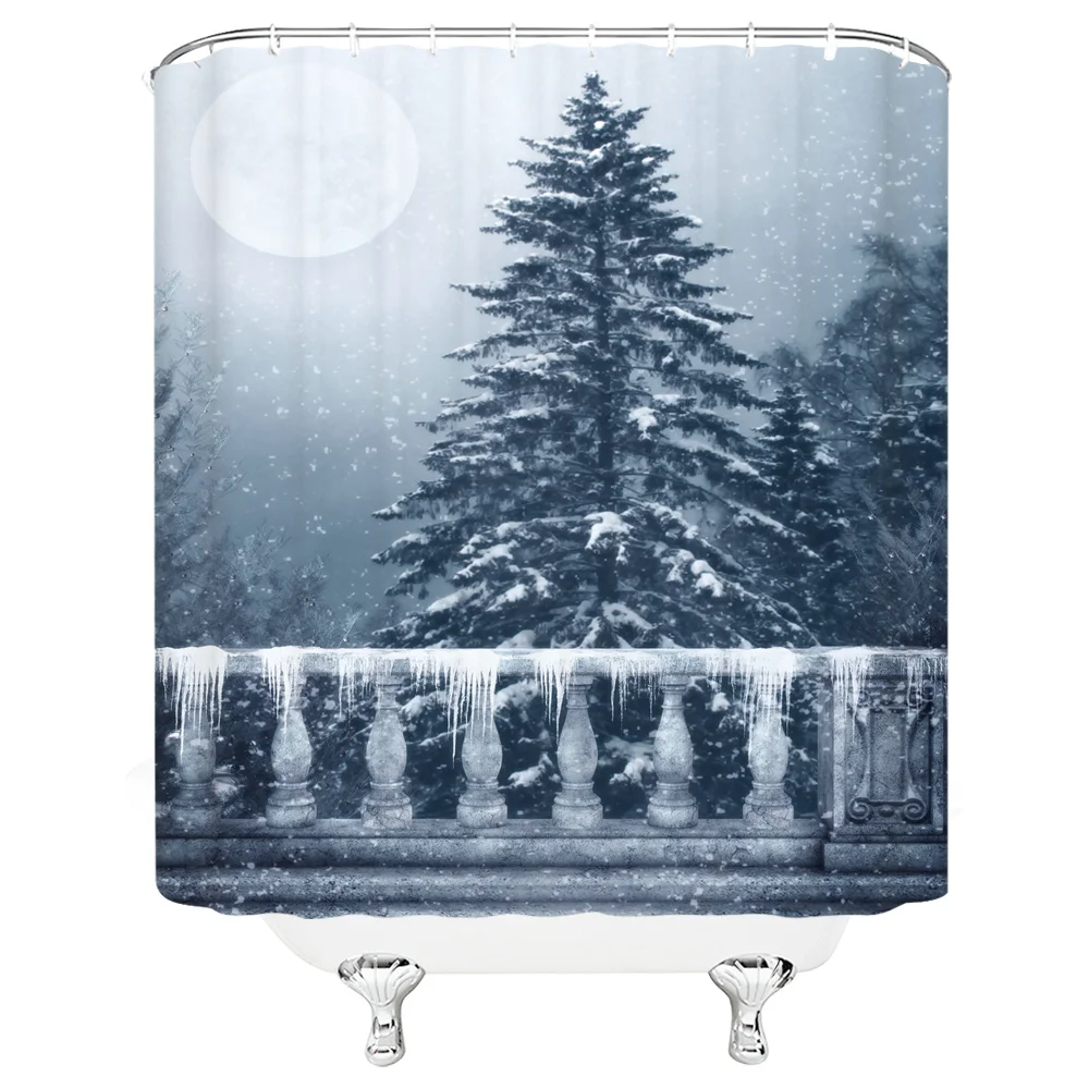 

Landscape Shower Curtains Winter Snowflake Houses Tree Ice Lake Surface Snow Scene Bathroom Decor Waterproof Cloth Curtain