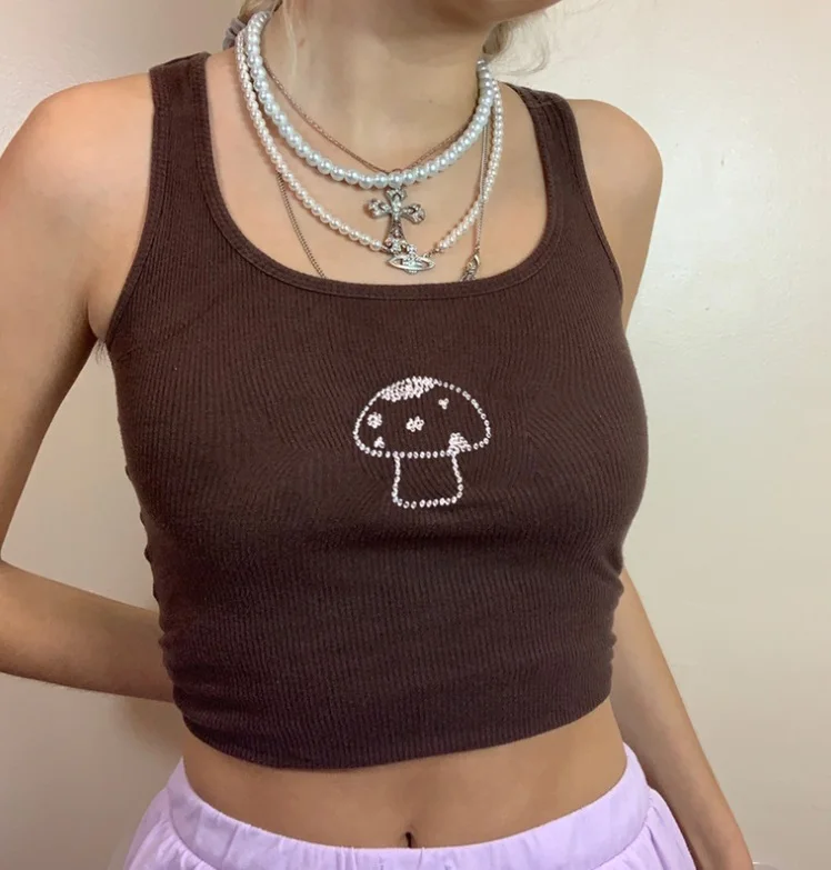 

Xfhh Indie Aesthetics Mushroom Diamond Straped Brown Tops Y2K Vintage U-neck Sleeveless Tank Top 90s Streetwear Outfits Slim