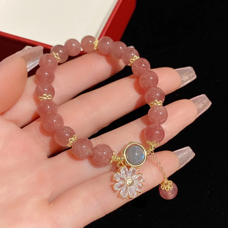 

Ruifan Zircon Flower Natural Strawberry Quartz/Moonstone Crystals Strand Beaded Bracelets for Women Fine Jewelry YBR705