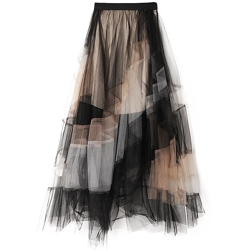 

2023 French Elegant Multilayer Spliced Gradient Color Asymmetric Mesh Ball Gown High End Long Skirts for Women Luxury Designer