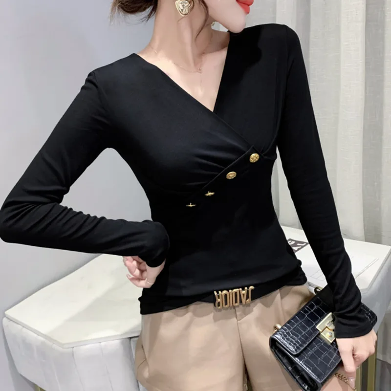 

#8225 Black Brown Short T Shirt Women V-neck Buttons Tight Irregular T-shirt Female Stretch Cotton Long Sleeve Women's T Shirt