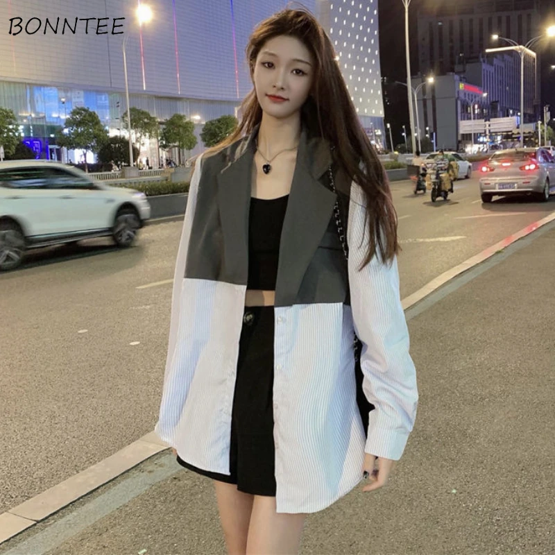 

Jackets Women Patchwork Design Loose Retro Leisure Notched Spring Ladies Fashion Office All-match Korean Style Creativity Simple