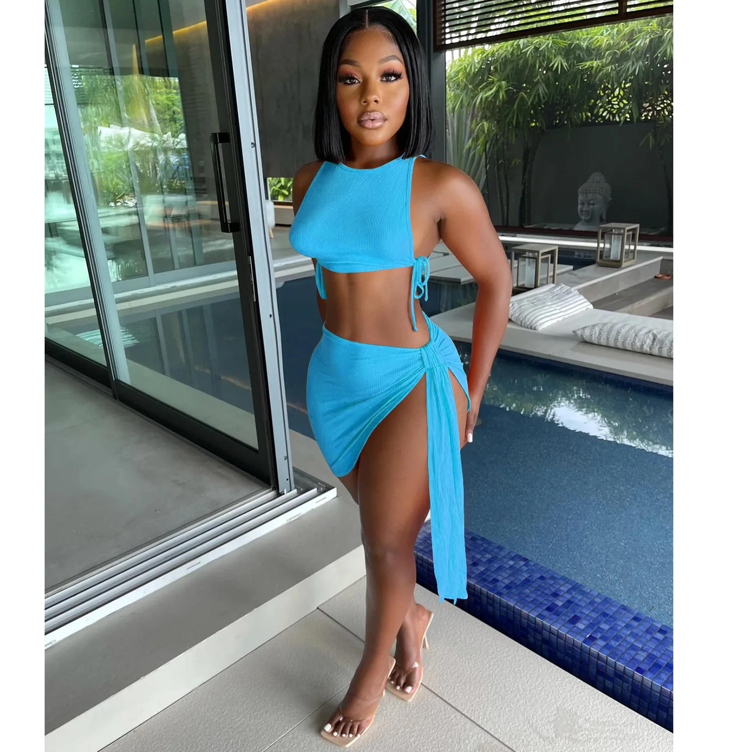 

Knitted Ribbed Two Piece Set Bandage Crop Top Bodycon Mini Skirts Beachwear Outfits Summer Sexy Club Matching Y2K Clothes