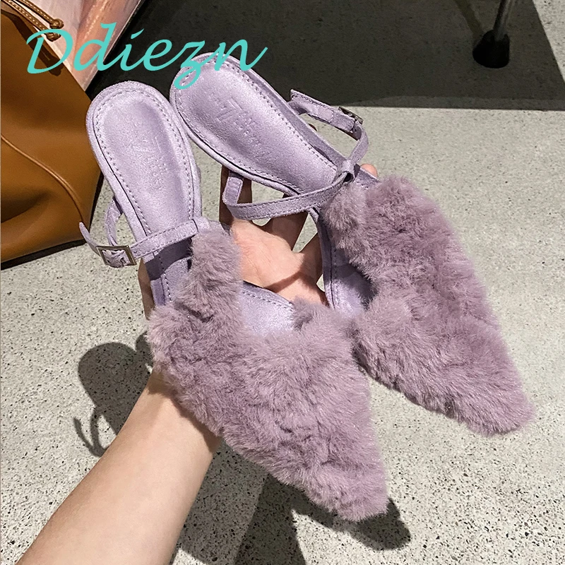 

New Pumps Women Slides Shoes Pointed Toe 2023 Autumn Ladies Furry Shallow Casual Footwear Fashion Female Shoes High Heels