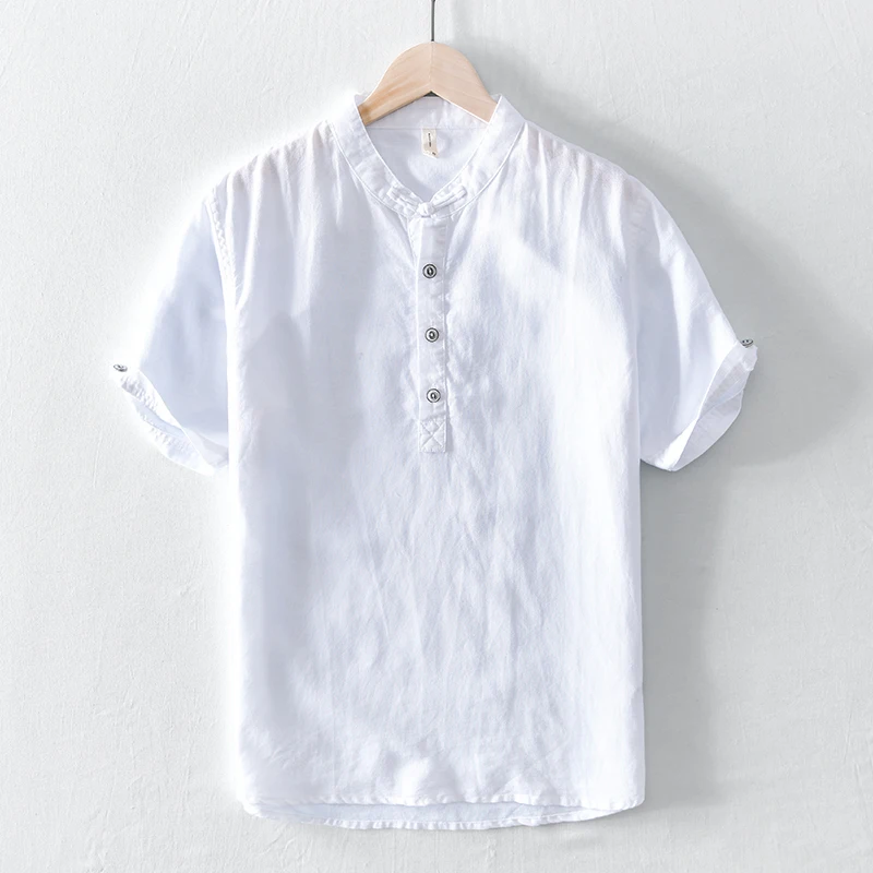

New Summer Men's Fashion Korean Version of Solid Color Linen Hong Kong Wind Leisure Thin Five-quarter Sleeve Cotton Linen Shirt