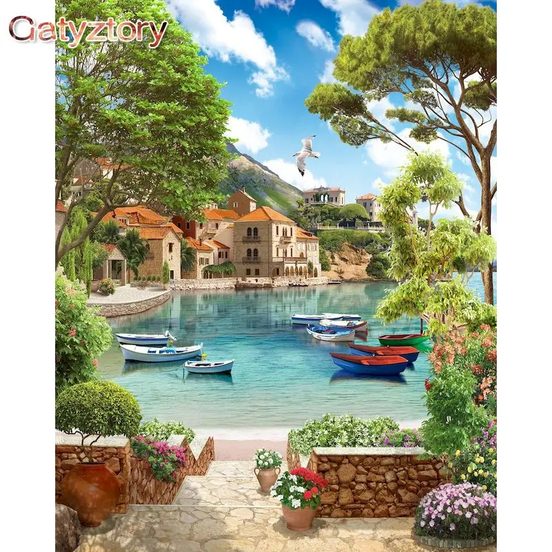

GATYZTORY DIY Painting By Numbers Frame Town Scenery Canvas Painting Home Decors Paint Kit Handmade Gift For Adults Pictures