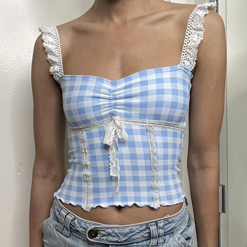 

Gaono Women Crop Top Cute Bow Lace Strap Camis 2000s Retro Y2K Aesthetic Fairycore Vest Chic Retro Plaid Backless Milkmaid Tops