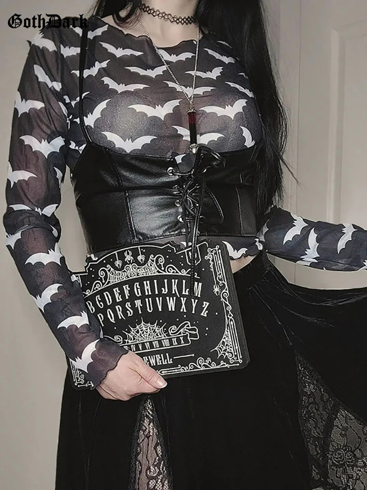 

Goth Dark Mesh Bat Graphic Mall Gothic Sexy Women T-shirts See Through Grunge Aesthetic Punk Black Crop Tops Alternative Clothes