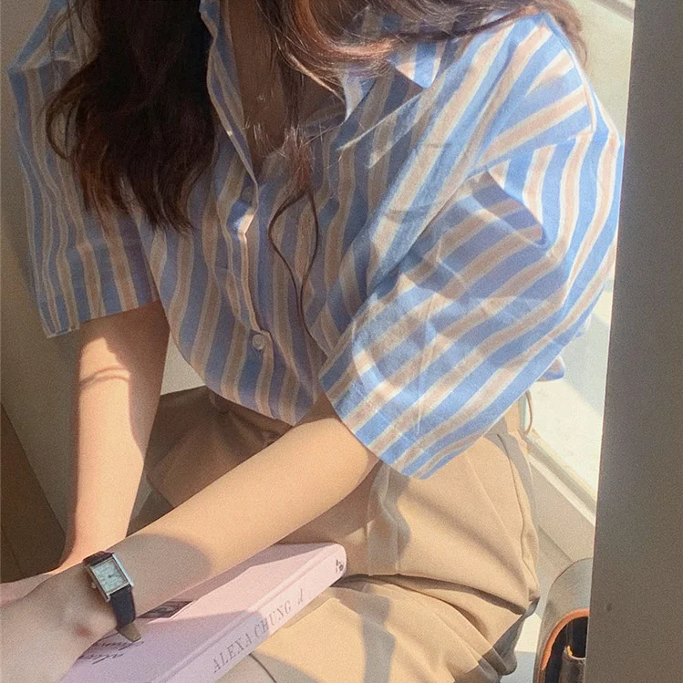 

SuperAen 2022 Summer Sweet Little Fresh Milk Soft Blue Striped Turn Down Collar Loose Casual Puff Sleeve Shirt Women’s Tops