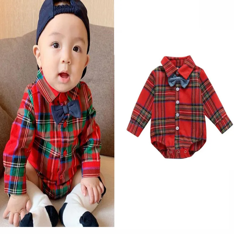 Newborn Baby Boy Christmas Outfits Plaid Bodysuit with Bowtie Flannel Shirt Romper Baby Boys Gentleman Suit Clothing