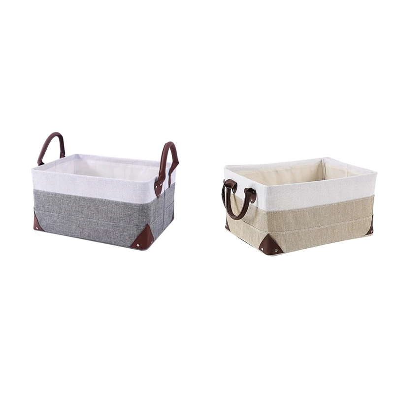 

Storage Basket-Linen Metal Frame Fabric Storage Basket Set Rack Foldable Storage Box With PU Leather Handle