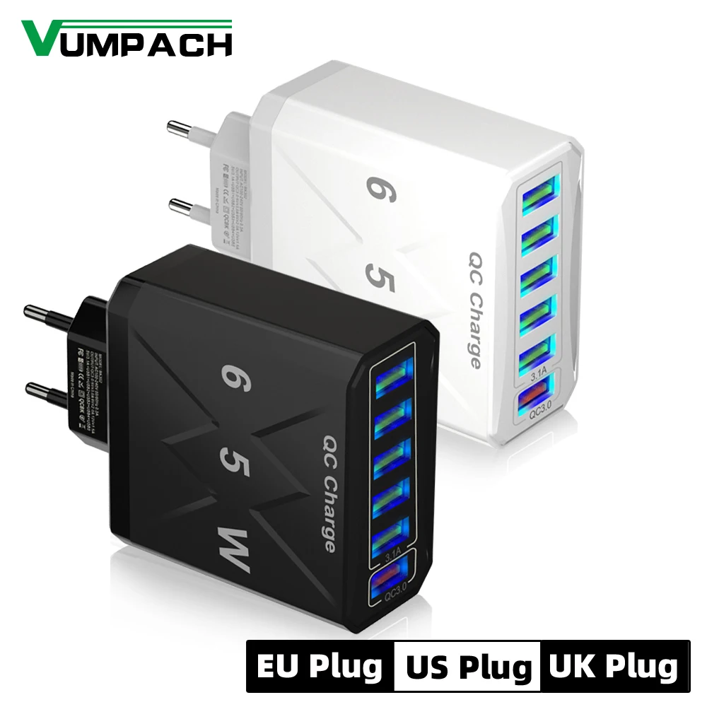 Chargeur de voyage à 6 ports USB 65W, QC 3.0, charge rapide, pour iPhone 14, Samsung, Xiaomi, adaptateur pour téléphone portable, prise EU KR US UK