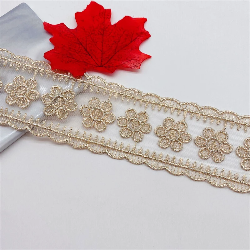 

19 Yards Rose Gold Flowers Embroidery Tulle Lace Trim, Gold Thread Scallop Border for Doll's Dress DIY Crafts Lolita Costume