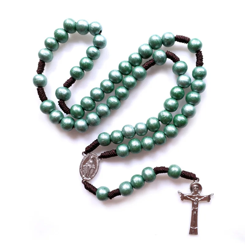 

QIGO Green Strand Necklace Wood Jesus Cross Rosary Virgin Catholic Religious Pray Jewelry For Men Women