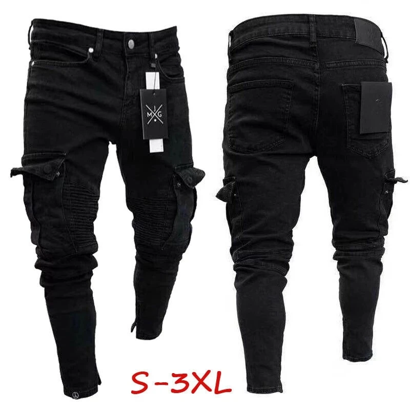 

Fashion Brand Mens Slim Fit Urban Straight Leg Black Biker Ripped Trousers Denim Casual Pencil Jogger Cargo Pants S-3XL