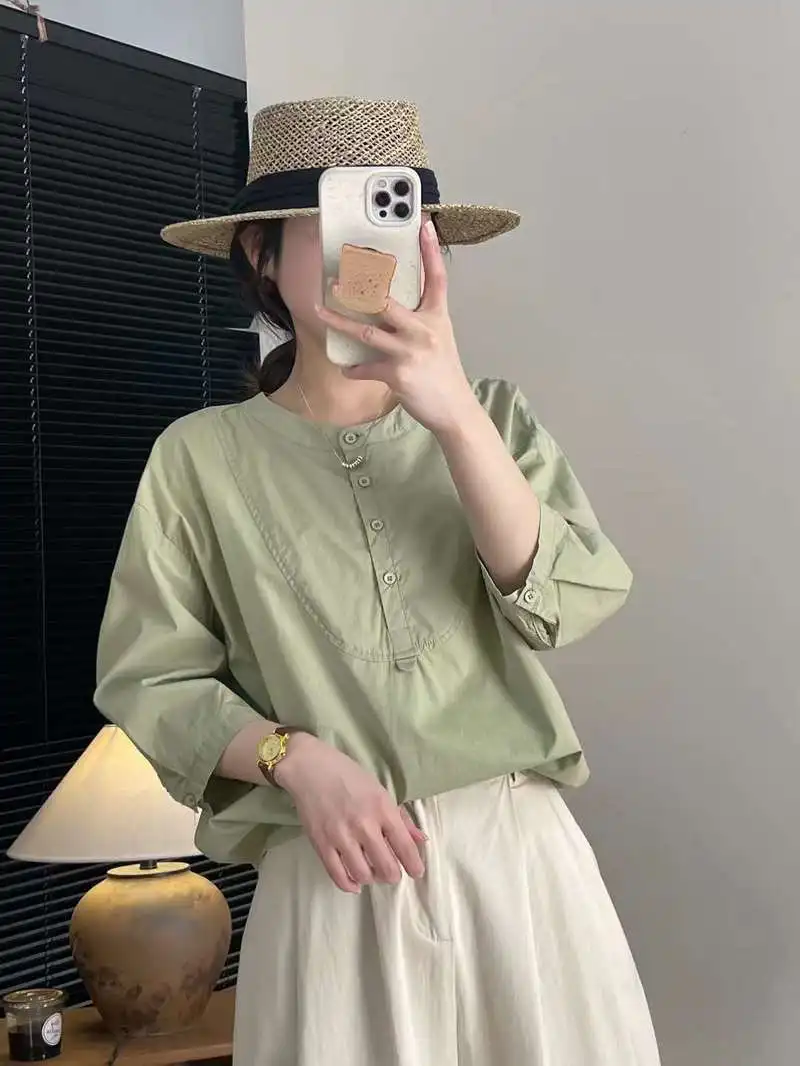 Женская хлопковая рубашка с воротником-стойкой однотонная Свободная