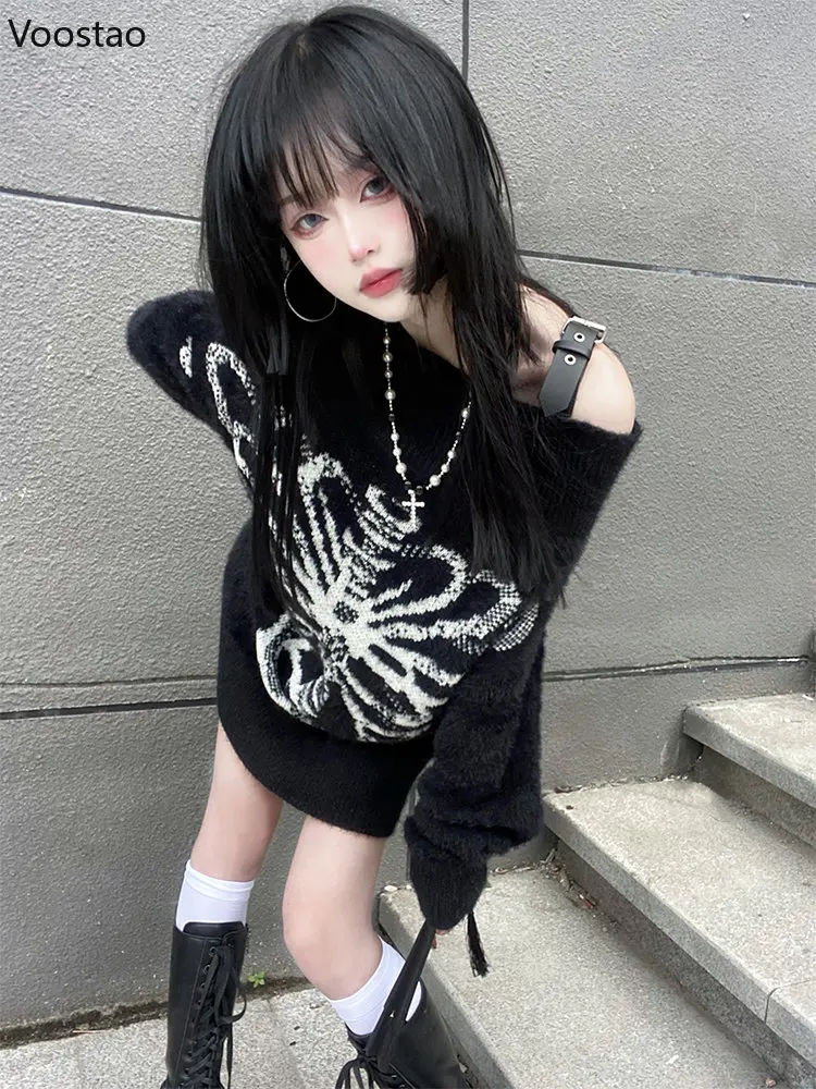 

Grunge Sweater Fashion Streetwear Y2k Aesthetic Blackpullover Skull Print Gothic Women Knitted Jumper Harajuku Loose Knitwear