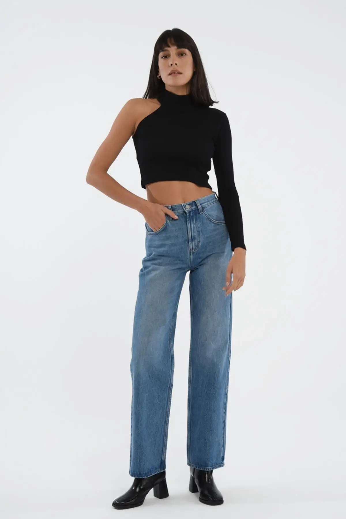 

Женские джинсы средней длины, синие прямые брюки на молнии с завышенной талией и пуговицами