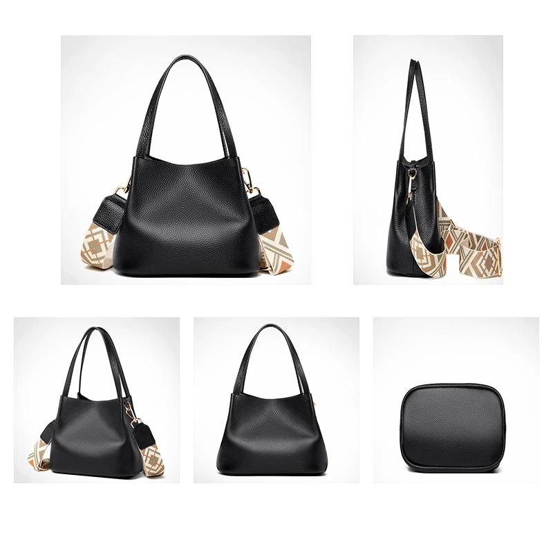 Luxury Genuine Leather Women Messenger Bag Pure Color Cowhide Female Shoulder Crossbody Bags Designer Wide Straps Ladies Handbag