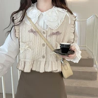 e girls autum kawaii knitted sweater vest women japanese style sweet patchwork pullover vest female korean fashion bow 2022 new