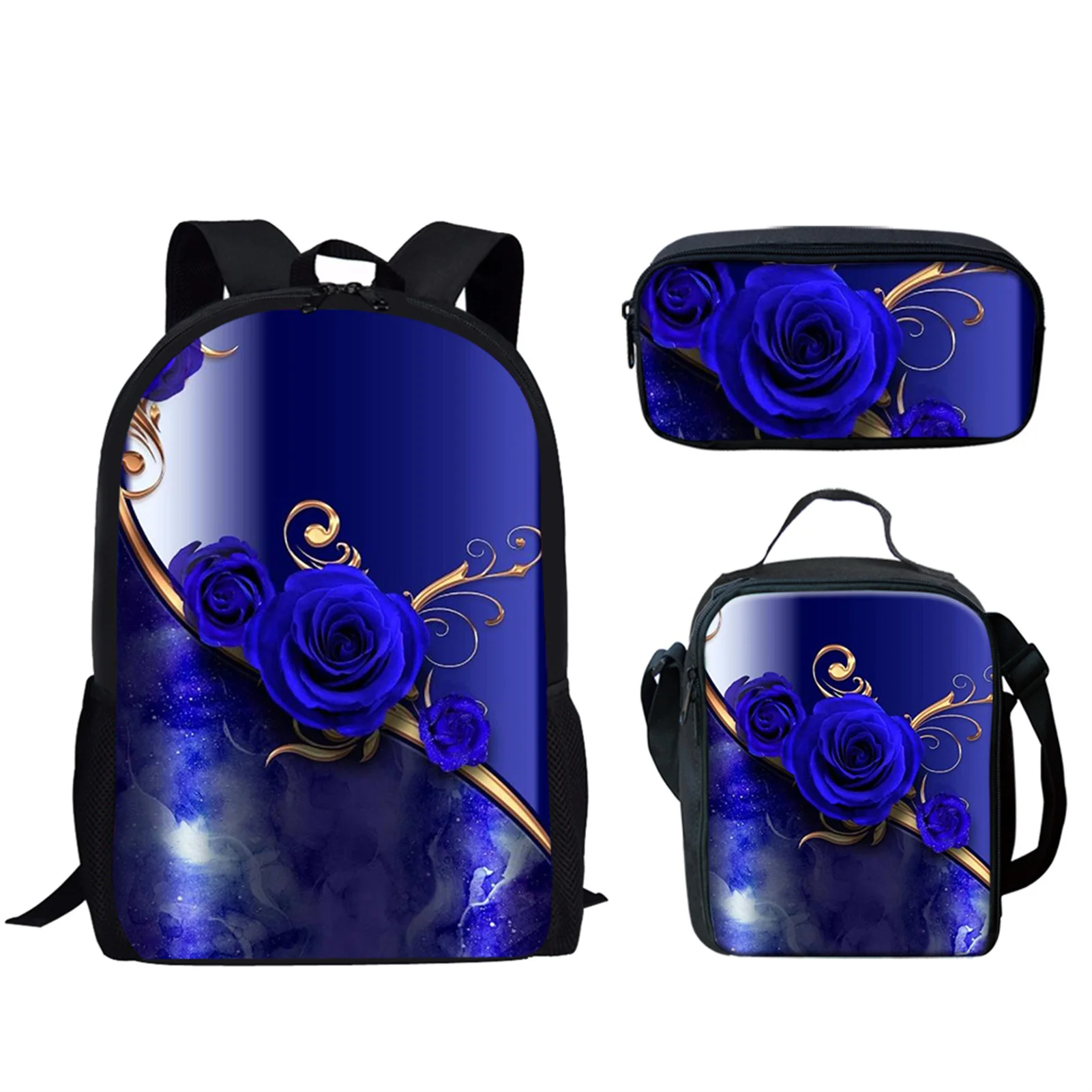 

3Set School Bags for Teen Girls Blue Rose Print Casual Womens Backpack Bookbag for College Student Mochila Infantil