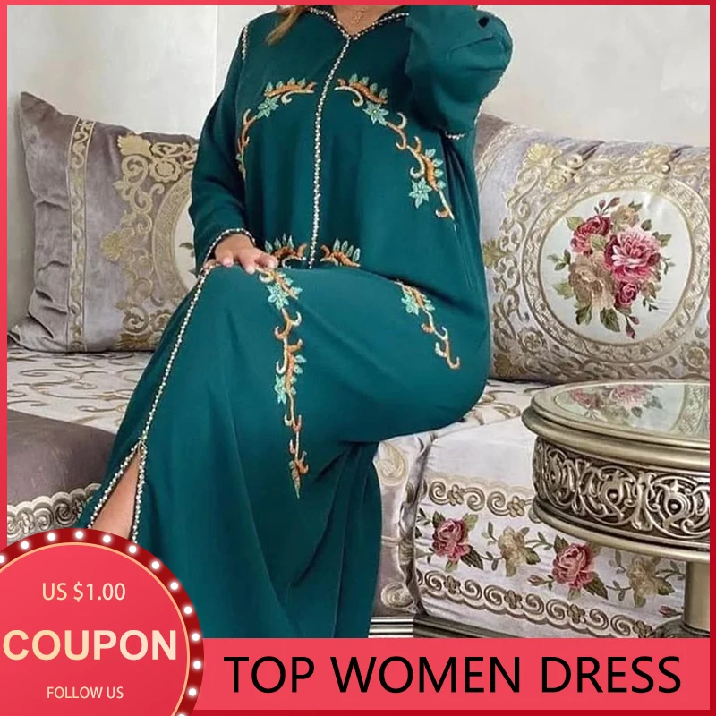 Женское длинное платье с капюшоном, Повседневное платье в мусульманском стиле с цветочной вышивкой, женское платье Дубая, кафтан, новинка ...