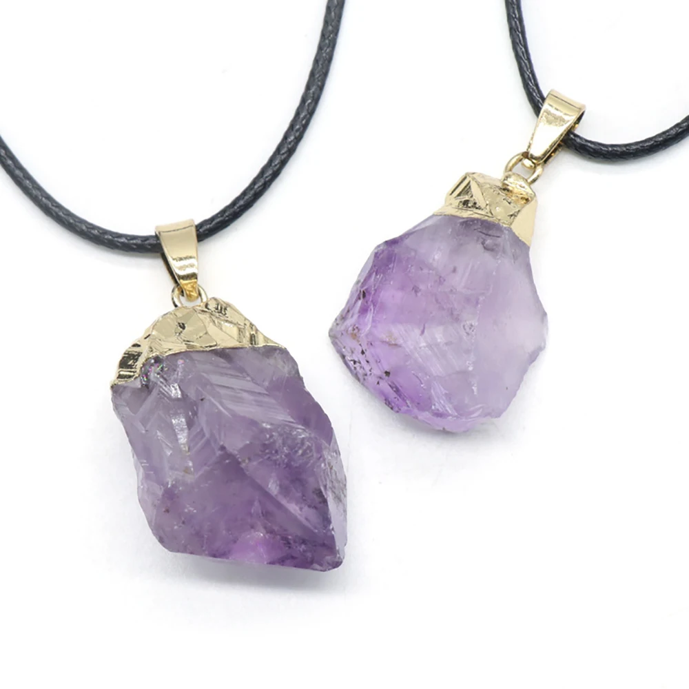 

Irregular Crystal Cluster Amethyst Rough Stone Necklace Natural Semi-precious Stone Neck Pendant Rope Chain for Women's Jewelry