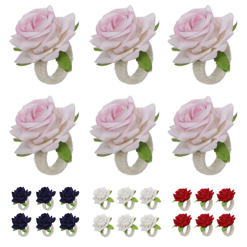 

6pcs Handmade Flower Napkin Rings Faux Pink Rose Napkin Ring Serviette Buckles Holder For Table Decoration Wedding