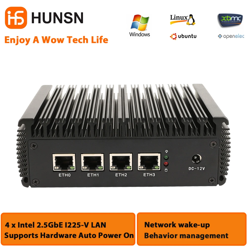 Micro Firewall Appliance,HUNSN ARJ01/RJ01k,Intel Celeron J4125,OPNsense,Untangle,VPN,Router PC,4x2.5GbE I225-V, LAN,HDMI,VGA