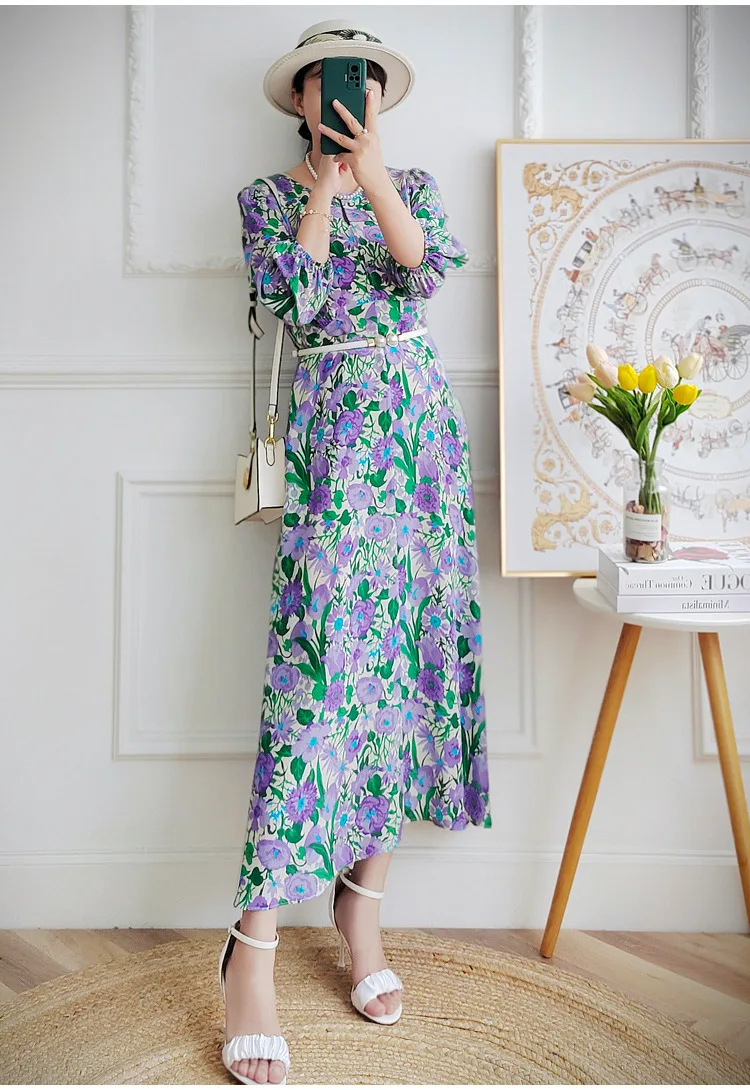 

2023 Spring/Summer 16mm Silk Dress High End French Printed Three Quarter Lantern Sleeve Waist A Line Mid Length