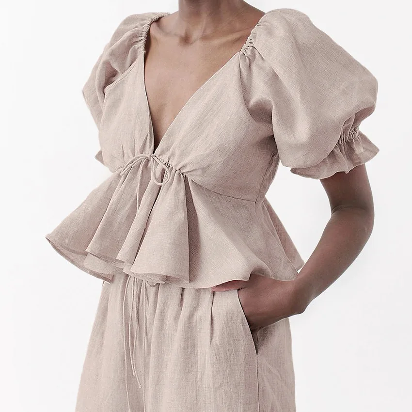 

Брюки женские из двух предметов, элегантный офисный топ с V-образным вырезом и рукавами-фонариками, свободные брюки с широкими штанинами и кулиской