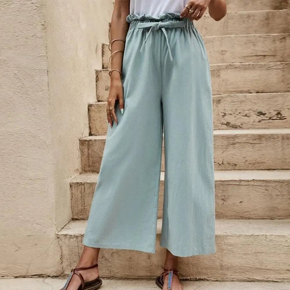 

Женские брюки с высокой талией и оборками, однотонные брюки до щиколотки, повседневные широкие брюки на завязках с эластичным поясом, женск...