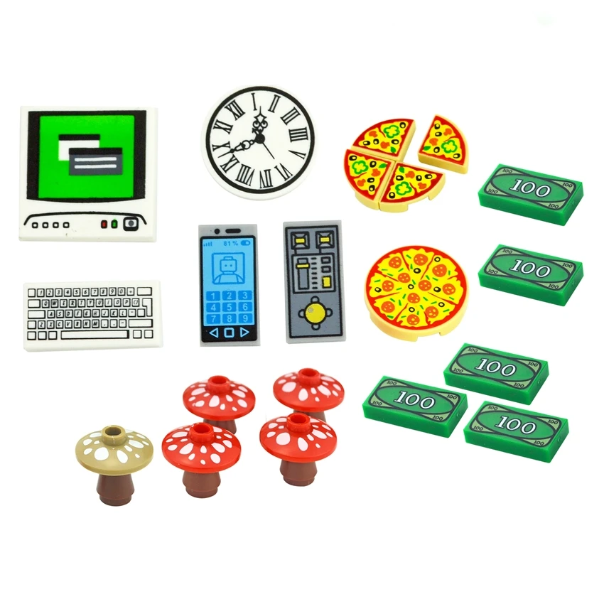 

Compatible City Accessories Printed Tile Building Blocks Computer TV Phone Clock Pizza Money Coins Dollars Mushroom Parts Toys
