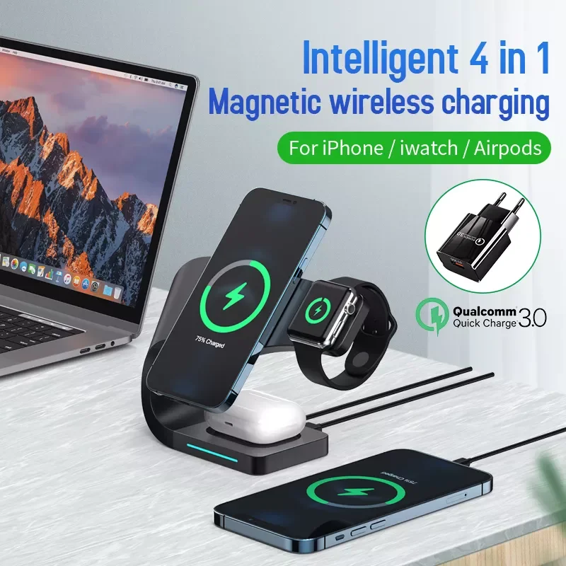 

In 1 Magnetic Wireless Charger Stand For Iphone 12 Apple iWatch 6 5 4 3 Airpods Pro 15W QI Fast Charging Dock Station