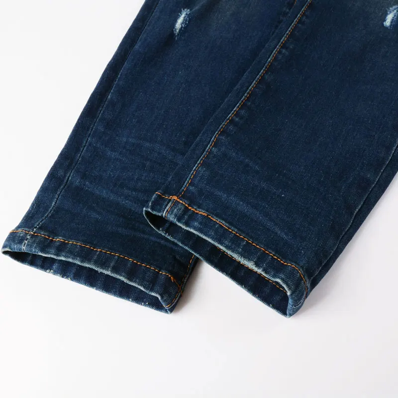 High Street Fashion Men Jeans Retro Washed Blue Stretch Skinny Ripped Jeans Men Red Paisley Patched Designer Hip Hop Brand Pants