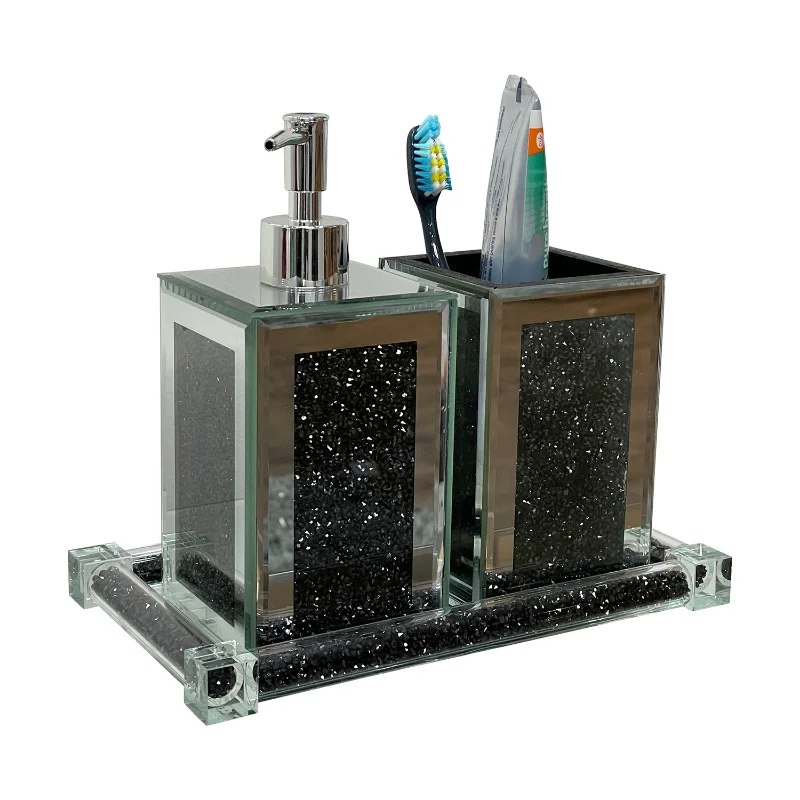 

Ambrose Exquisite 3 Piece Square Soap Dispenser and Toothbrush Holder with Tray Black Glass [US Stock]