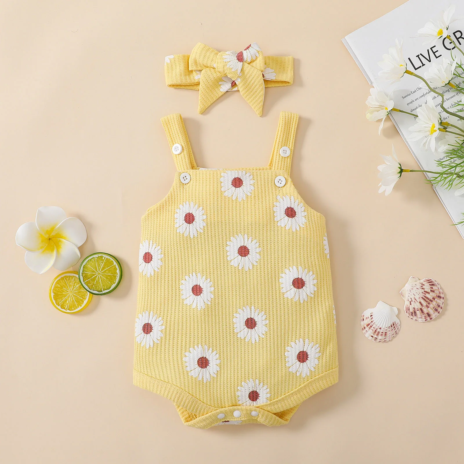 

Baby Ribbed Romper Infant Boys Girls Sleeveless Floral Prints Romper Soft Casual Bodysuit Jumpsuits+Bowknot Hairband 2Pc Outfits