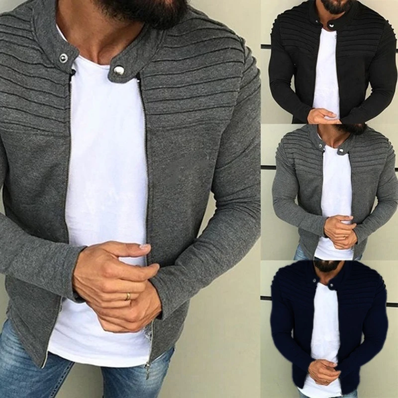 

Sports Casual Men Jacket Men's Autumn Pleats Slim Stripe Fit Jacket Zipper Long Sleeve Coat Cardigan Coat