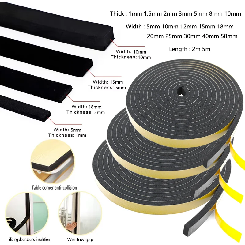 

1 рулон, уплотнительная лента для предотвращения столкновений, 2–10 м, пенопластовая изоляционная лента толщиной 1–10 мм и шириной 5-40 мм, черная губчатая лента из пенопласта EVA