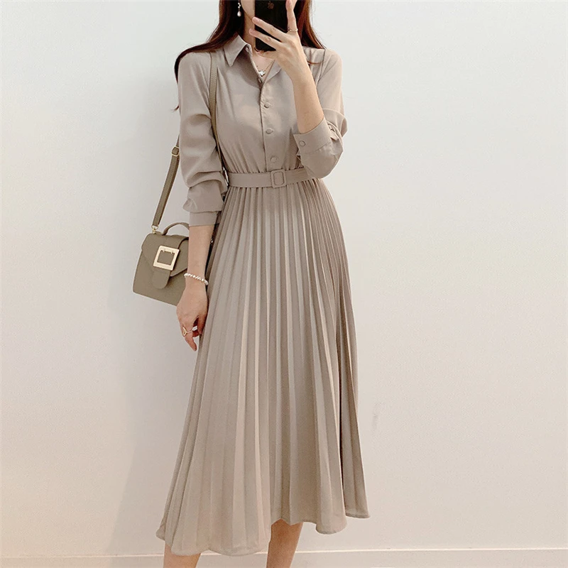 

Women Autumn Long Sleeve Fold Midi Dresses Single Breasted Casual A-Line Vestido Femme Elegant Loose Robe With Belted
