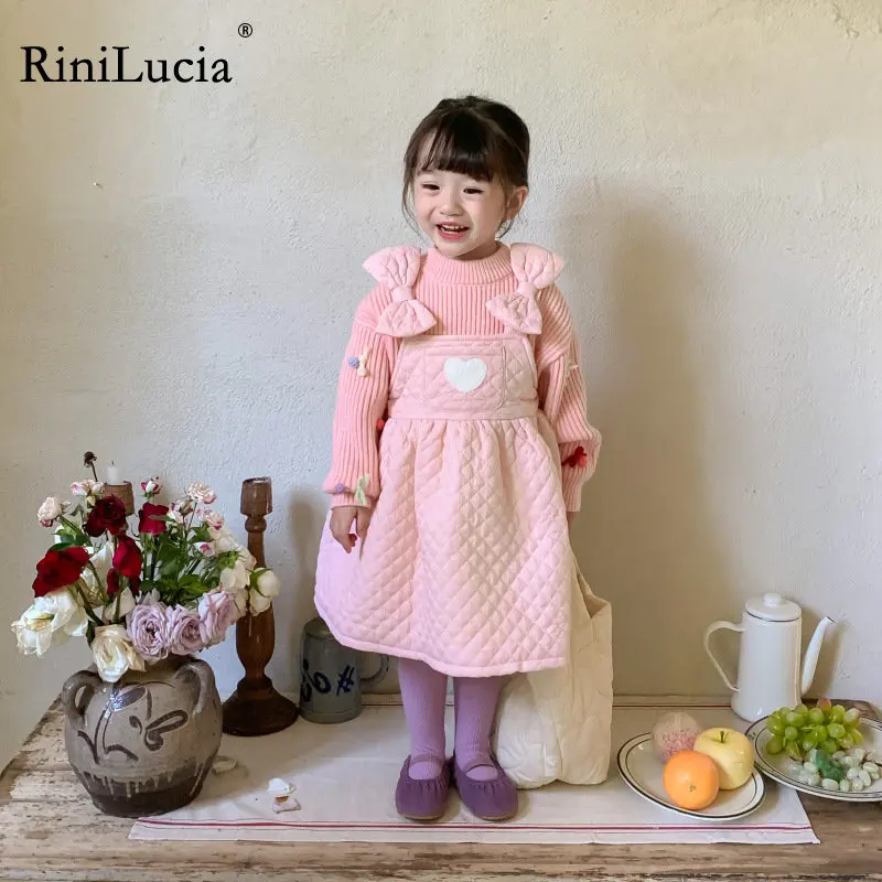 

RiniLucia Korean Style Winter Baby Girls Bowknot Cotton Padded Dresses Thicken Warm Ball Gown Kids Princess Suspenders Dress