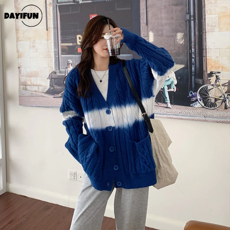 

DAYIFUN Retro Twist V-neck Sweater Jacket Women 2022 Autumn and Winter Japan Korean Fahion Oversized Knitted Cardigan Lady Tops