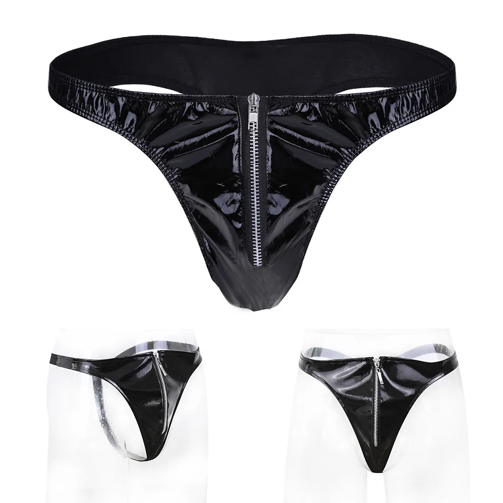 

Mens Fashion Sexy Zip Thongs G-string Wet Look Leather Low Waist Seamless Jockstrap Briefs T-back Sissy Underwear